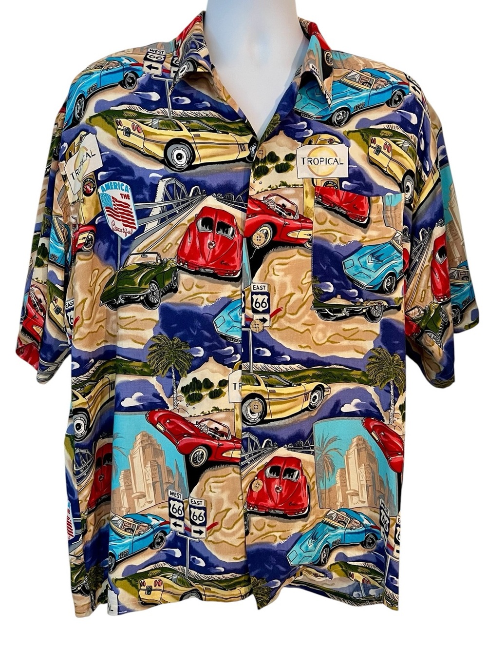 Men’s Hawaiian Aloha Shirt by Island Collection Route 66 Car Design Sz Large